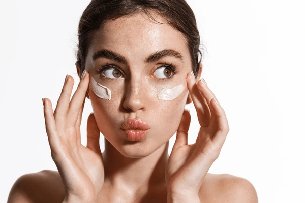 Top 5 Skincare Tips Before Applying Makeup Woman applying moisturizer on FACE — hydrating skin before makeup.