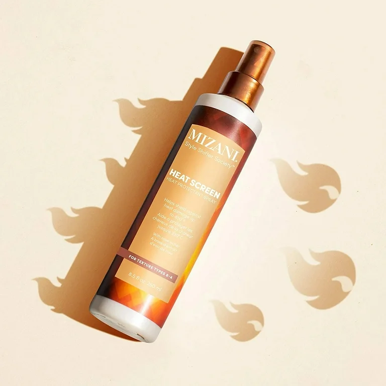 Heat protectant spray bottle before heat styling โ Step 5 in haircare routine.