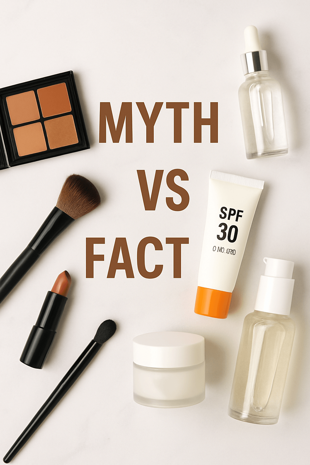 Makeup and skincare products arranged on a white background with 'Myth vs Fact' text overlay.